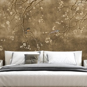 Abnehmbares Chinoiserien-Blumenbild, Vögel, brauner Hintergrund, beige Blumen, Wandbild zum Abziehen und Aufkleben