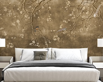 Carta da parati rimovibile con fiori cinesi, uccelli, sfondo marrone, fiori beige, carta da parati staccabile e attaccabile