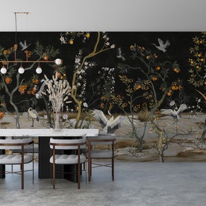 Carta da parati con alberi e uccelli colorati in stile cinese, sfondo scuro, decorazione murale vintage, decorazione murale staccabile e attaccabile
