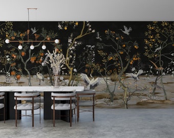 Black Chinoiserie Citrus Garden Birds Wallpaper Mural