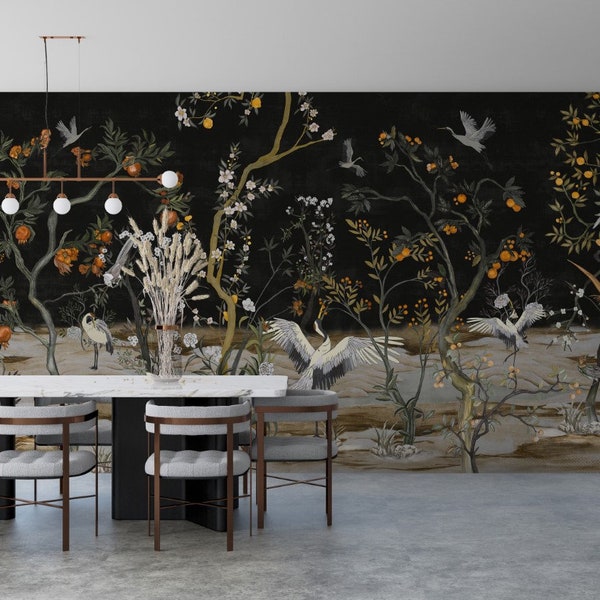 Chinoiserie Colorful Trees and Birds Wallpaper Dark Background Wall Mural Vintage Art Wall Decoration Peel and Stick Mural