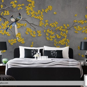 Yellow Flowers Chinoiserie Wallpaper - Peel and Stick Wall mural - Chinese Style Wall Art