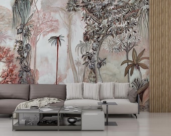 Vintage Botanical Wallpaper Mural: Hand-Painted Tropical Jungle Wall Art