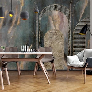 Geometric Gold Arch Wallpaper Mural: Peel and Stick Art Deco Wall Decor