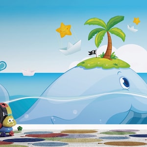 Carta da parati a tema pesce delfino e isola e mare. Adesivo da parete staccabile e appiccicoso Design scandinavo minimalista Arte da parete rimovibile