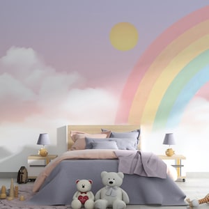 3D Stickbild Regenbogen und Wolken als Wallpaper. Schälen und Stick Wandaufkleber Minimalistisches skandinavisches Design Abnehmbare Wandkunst