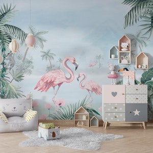 Tropical Flamingo & Monkey Wall Sticker: Scandinavian Peel and Stick Art