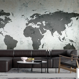 Papel tapiz plateado con mapa del mundo monocromático. Adhesivo de pared despegable y adhesivo. Diseño minimalista escandinavo. Arte de pared extraíble.