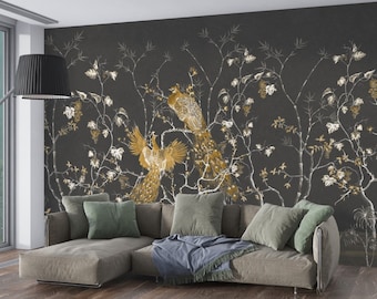 Chinoiserie Floral, Gold Grapevine en Peacock Wallmural, Zwarte Achtergrond, Verwijderbaar Behang, Peel and Stick Wall Mural