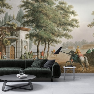 Pu&ograve; includere: Un'illustrazione vintage di una moschea in un lussureggiante paesaggio verde. La moschea &egrave; un edificio bianco con un tetto a cupola e minareti. Le persone camminano intorno alla moschea e cavalcano a cavallo. L'illustrazione &egrave; incorniciata da un divano verde scuro e una lampada nera.