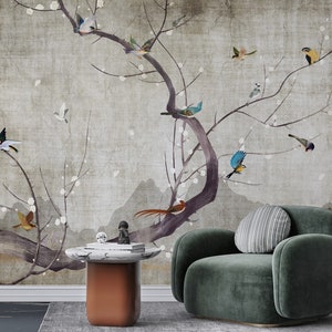 Chinoiserie Wallpaper, Chinoiserie Trees and Colorful Birds Wallpaper, Peel and Stick Mural Poster Classic Art Living Room Bedroom