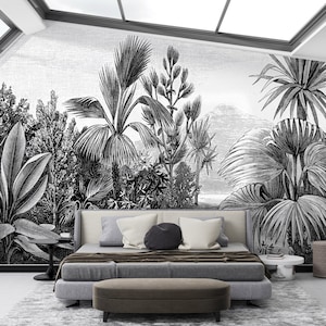 Black and White Tropical Jungle Wallpaper: Peel and Stick Mural