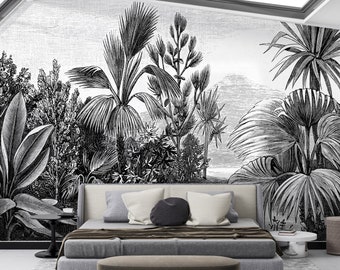 Czarno-biała tapeta z motywem tropikalnej dżungli: samoprzylepna