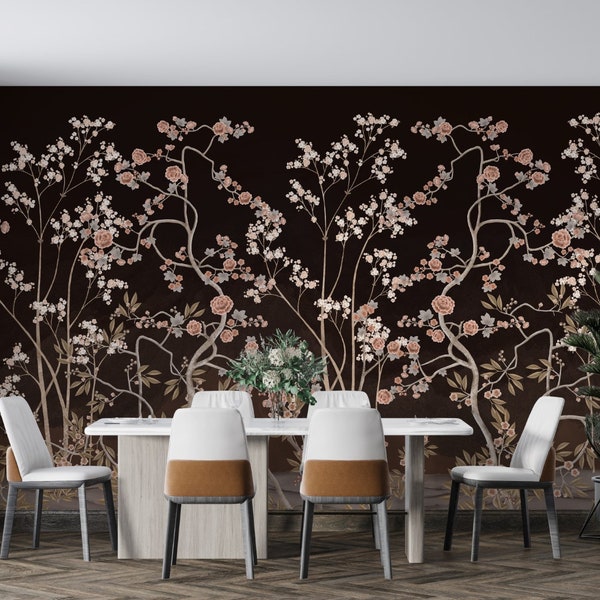 Chinoiserie Florals and Trees Brown Background Wall Mural Peel and Stick, Mural, Vintage Art, Home Design