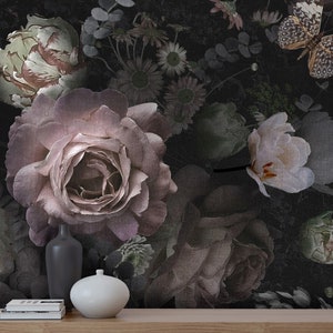Peonies & Butterfly Mural: Scandinavian Floral Peel and Stick Wallpaper