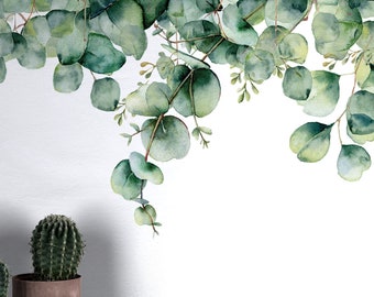 Watercolor Eucalyptus Wallpaper: Tropical Floral Peel and Stick Wall Mural