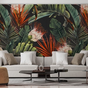Tropical Leaves Wallpaper: Watercolor Floral Peel and Stick Wall Mural