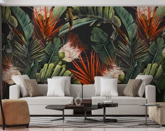 Foglie tropicali ad acquerello, fiori tropicali, carta da parati tropicale, stacca e attacca, murale rimovibile, carta da parati traspirante non vowen