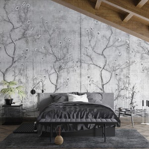 Chinoiserie Flowers and Birds Wallpaper: Concrete Texture Peel and Stick Mural