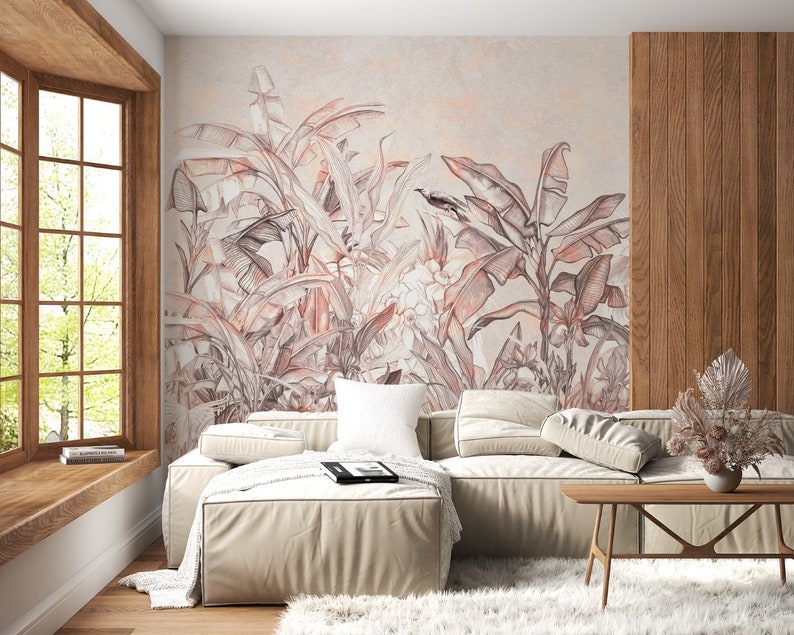 Pink Tropical Wallpaper Mural: Banana Leaf Peel & Stick image 2
