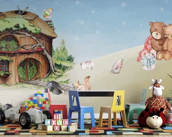 Little Lodge Animal Wallpaper: Bears in Love, Nursery Decor (Peel and Stick)
