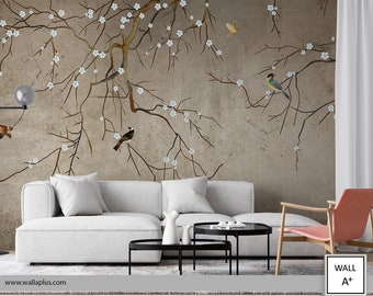 Carta da parati con fiori bianchi, motivo floreale, stile vintage, foglie, uccelli colorati e rami di albero. Design decorativo per pareti rimovibile