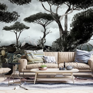Exotic Island Mural: Palms, Heron Cranes, Classic Art Peel and Stick Wallpaper