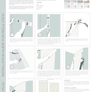 Może przedstawiać: Krok po kroku instrukcja instalacji samoprzylepnej tapety. Przewodnik zawiera ilustracje, jak zmierzyć, wyciąć i przykleić tapetę do ściany. Przewodnik zawiera r&oacute;wnież listę narzędzi potrzebnych do instalacji, takich jak poziom, linijka i narzędzie do wygładzania. Przewodnik zawiera r&oacute;wnież sekcję o tym, jak przyciąć tapetę i jak o nią dbać.