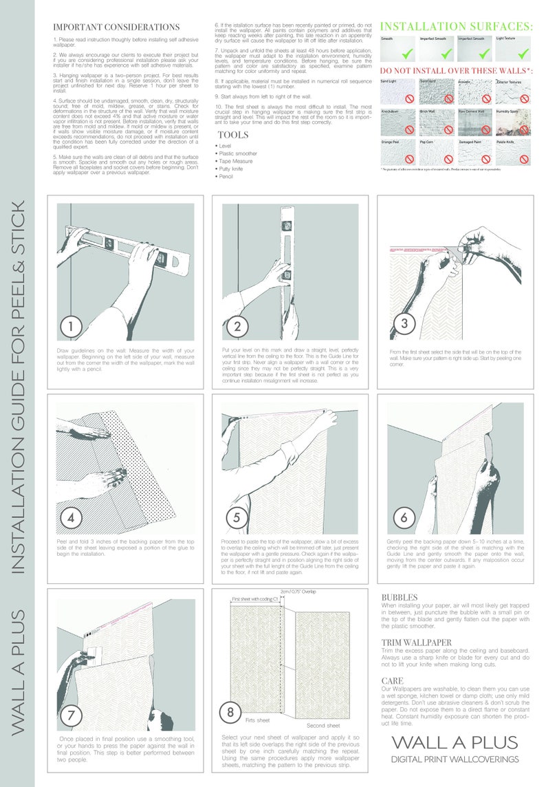 Może przedstawiać: Krok po kroku instrukcja instalacji samoprzylepnej tapety. Przewodnik zawiera ilustracje, jak zmierzyć, wyciąć i przykleić tapetę do ściany. Przewodnik zawiera r&oacute;wnież listę narzędzi potrzebnych do instalacji, takich jak poziom, linijka i narzędzie do wygładzania. Przewodnik zawiera r&oacute;wnież sekcję o tym, jak przyciąć tapetę i jak o nią dbać.