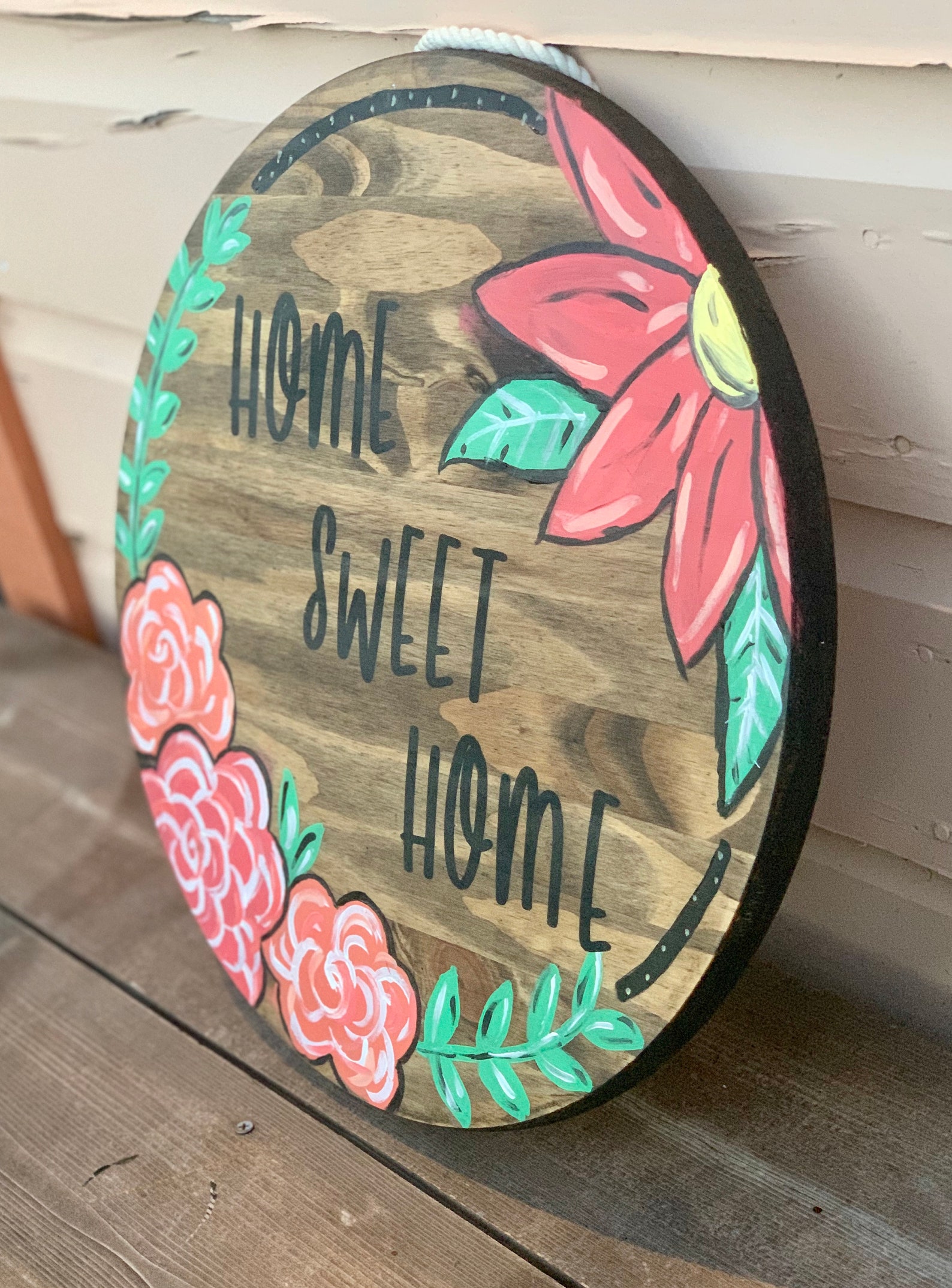 Wooden round HAND PAINTED door hanger wreath Etsy