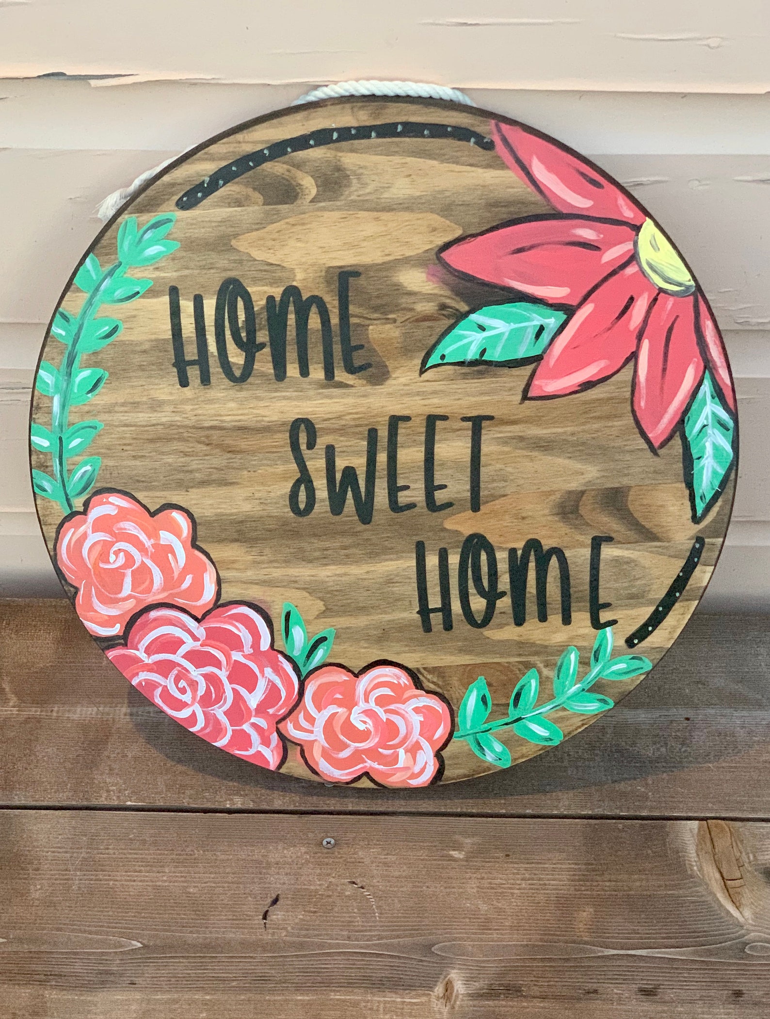 Wooden round hand painted door hanger wreath etsy