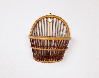 Vintage 70s Rattan Bamboo Wrapped Hanging Wall MCM Boho Decor Shades Of Brown Small Half Circle Basket 8.5"