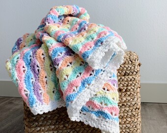 Vintage Handmade Pastel Colorful Multicolor Crochet Knit Baby Blanket Photography Prop Size 38" x 42"