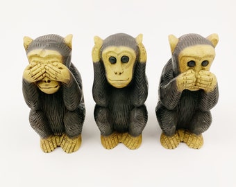 Vintage Set of 3 Wooden Wood Carved See No Hear No Speak No Evil Monkeys 8"