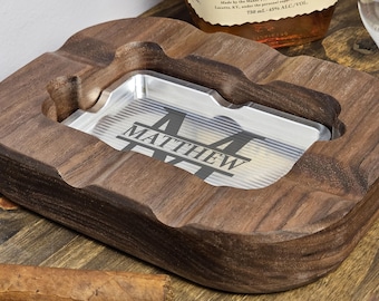 Bandeja para puros del Día del Padre de aluminio y nogal grabado, regalo para papá, cenicero con monograma, regalo para hombres, regalo personalizado para papá