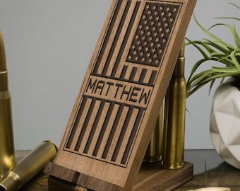 50 Caliber Walnut Phone Stand - American Flag USA Gift for Him, Gift for Men