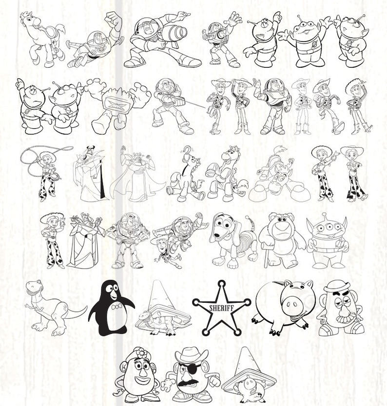 May include: Black and white line art illustrations of various characters from the Toy Story franchise. The characters include Woody, Buzz Lightyear, Jessie, Mr. and Mrs. Potato Head, Rex, Slinky Dog, Hamm, and more.