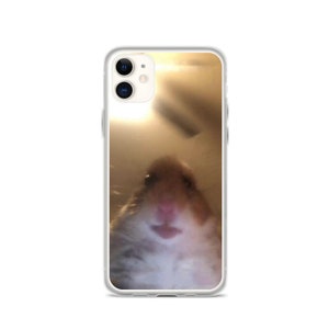 May include: A close-up photo of a hamster's face, taken from a phone camera. The hamster is looking directly at the camera with a surprised expression. The photo is slightly blurry.