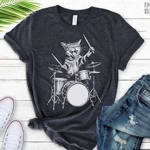 T-shirt med katttrummis, vintage-trummis med katttrummor, retromusikkatt, rolig t-shirt med katttrummor, tvättad unisextröja, kattälskare