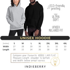 May include: Unisex hoodie size chart in inches. The chart shows the width and length measurements for sizes S through 4XL. The text "ECO-friendly printing" and "ULTRA SOFT" is visible in the image. The text "UNISEX RELAXED FIT" is also visible in the image.