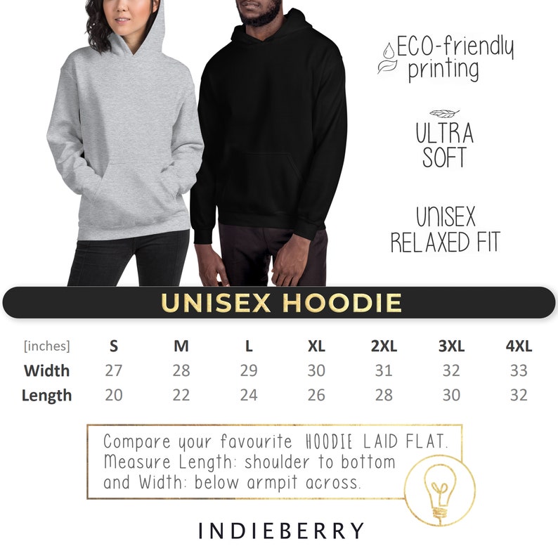 May include: Unisex hoodie size chart in inches. The chart shows the width and length measurements for sizes S through 4XL. The text "ECO-friendly printing" and "ULTRA SOFT" is visible in the image. The text "UNISEX RELAXED FIT" is also visible in the image.