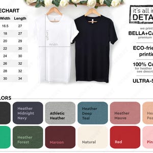 May include: Two t-shirts, one white and one black, hang on wooden hangers. A size chart shows measurements in inches. Color swatches include Dark Gray Heather, Heather Midnight Navy, and Heather Kelly. The text reads "it's all in the DETAILS".