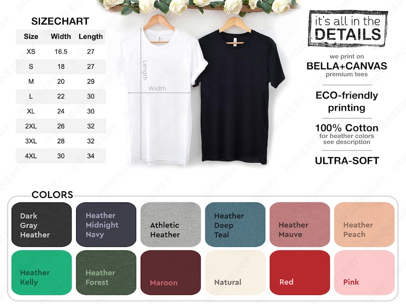 May include: Two t-shirts, one white and one black, hang on wooden hangers. A size chart shows measurements in inches. Color swatches include Dark Gray Heather, Heather Midnight Navy, and Heather Kelly. The text reads "it's all in the DETAILS".