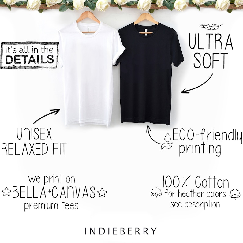 Op de afbeelding: Twee T-shirts, een wit en een zwart, hangen aan hangers. De tekst "it's all in the DETAILS" staat in een zwart rechthoekje linksboven in de afbeelding. De tekst "ULTRA SOFT" staat rechtsboven in de afbeelding. De tekst "UNISEX RELAXED FIT" staat linksonder in de afbeelding. De tekst "ECO-friendly printing" staat rechtsonder in de afbeelding. De tekst "we print on ☆BELLA+CANVAS☆ premium tees" staat in het midden van de afbeelding. De tekst "100% Cotton for heather colours see description" staat rechtsonder in de afbeelding. De tekst "INDIEBERRY" staat onderin het midden van de afbeelding.