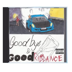 May include: CD case with a hand-drawn illustration. The artwork features a blue car, a woman in a red dress, and a broken smartphone. The text "Good bye & Good Riddance" is written on the cover.