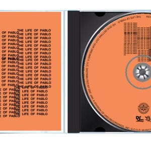 Puede incluir: Una caja de CD abierta que revela un disco y una car&aacute;tula de color naranja quemado. La car&aacute;tula presenta el texto "THE LIFE OF PABLO" repetido verticalmente. El CD es naranja con texto negro y un centro plateado.