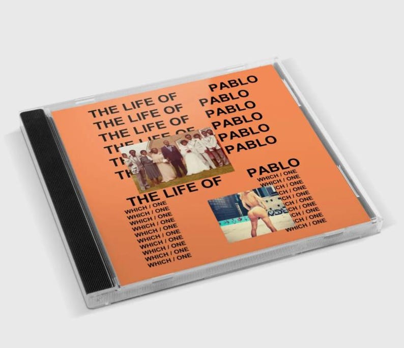 Puede incluir: Una caja de CD con una portada naranja con el texto "THE LIFE OF PABLO" y "PABLO" repetido. La portada incluye dos im&aacute;genes, una de un grupo de personas y otra de una persona en una piscina.