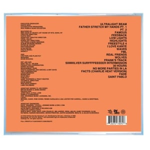 Puede incluir: Una caja de CD con fondo naranja y texto blanco. El texto incluye t&iacute;tulos de canciones como "Ultralight Beam" y "Famous". La caja tambi&eacute;n enumera cr&eacute;ditos y un c&oacute;digo de barras.