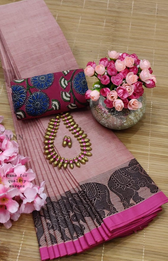 Chettinad Cotton Sarees With Kalamkari Blouse & Terracotta - Etsy