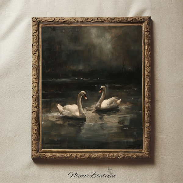 Swan Lake Paint, Rustic Paint, Antique Wallart, Vintage Painting, Digital Art, Two White Swans, Dark Vintage Art, Oil Paint, Animal Wall Art